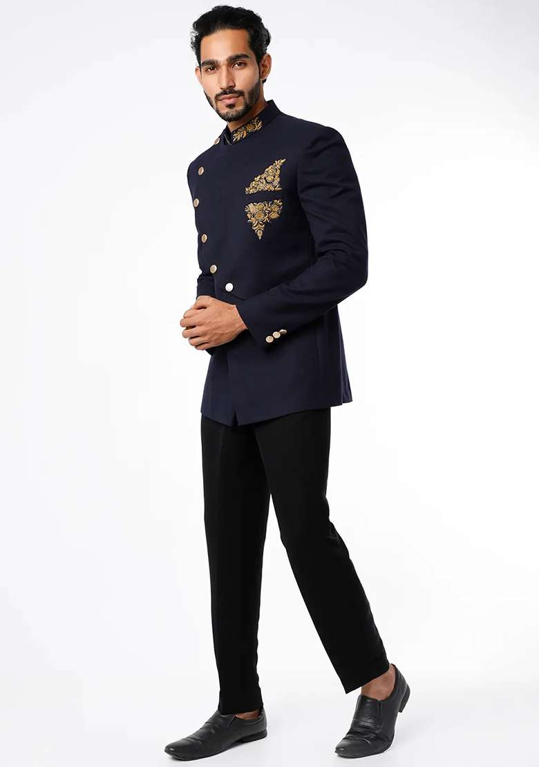 Black Embroidered Cotton Bandhgala For Men - Indya