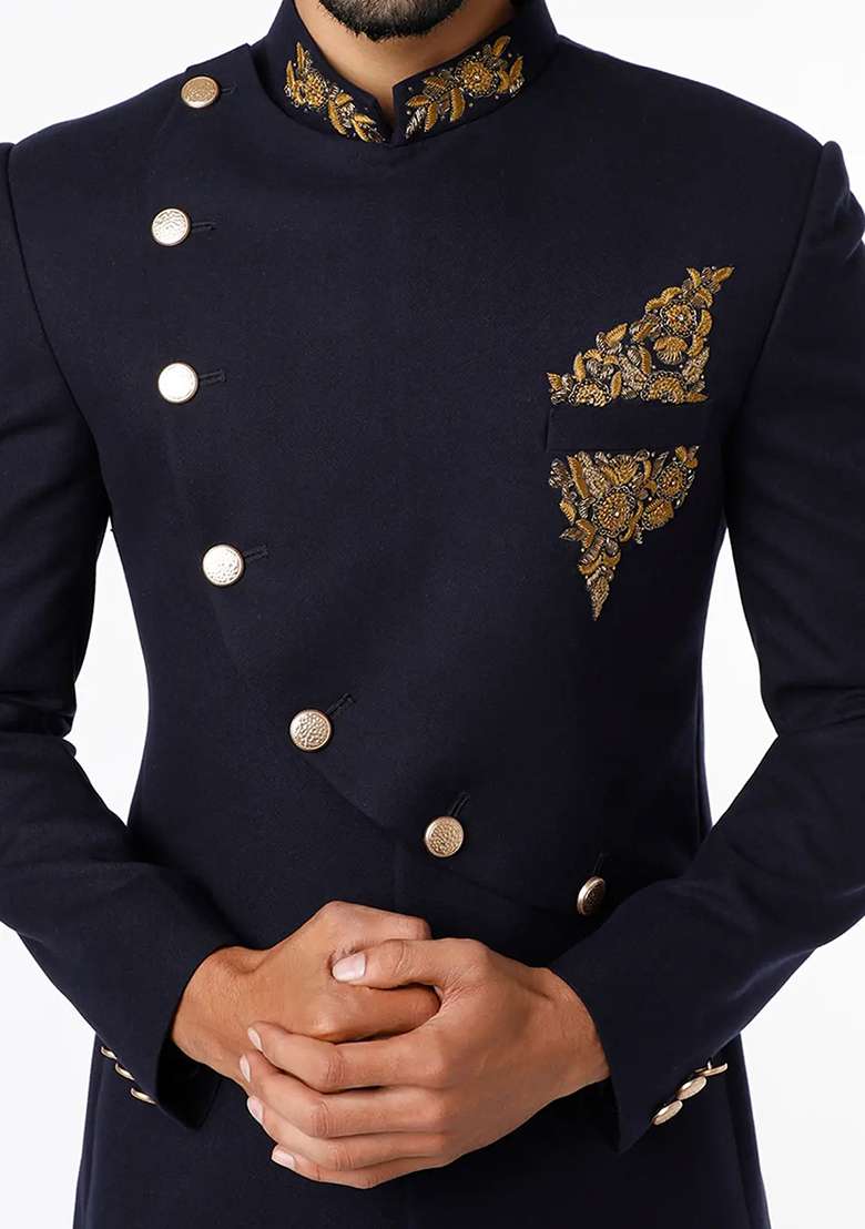 Black Embroidered Cotton Bandhgala For Men - Indya