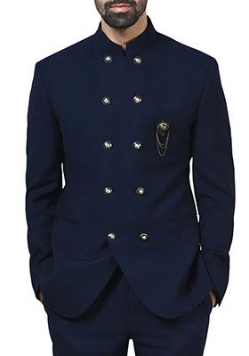Navy Blue Embroidered Cotton Bandhgala For Men