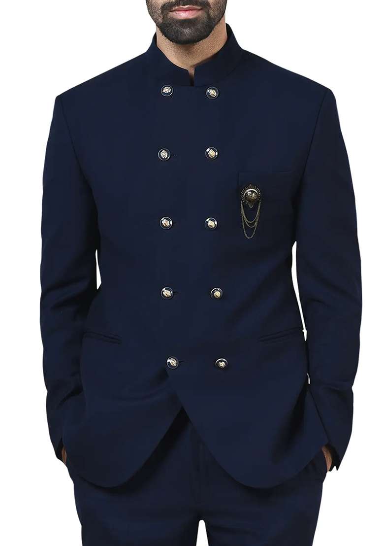 Navy Blue Embroidered Cotton Bandhgala For Men - Indya