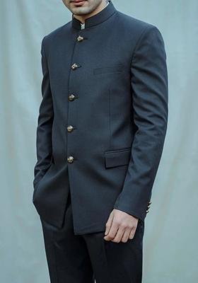 Navy Blue Solid Cotton Bandhgala For Men