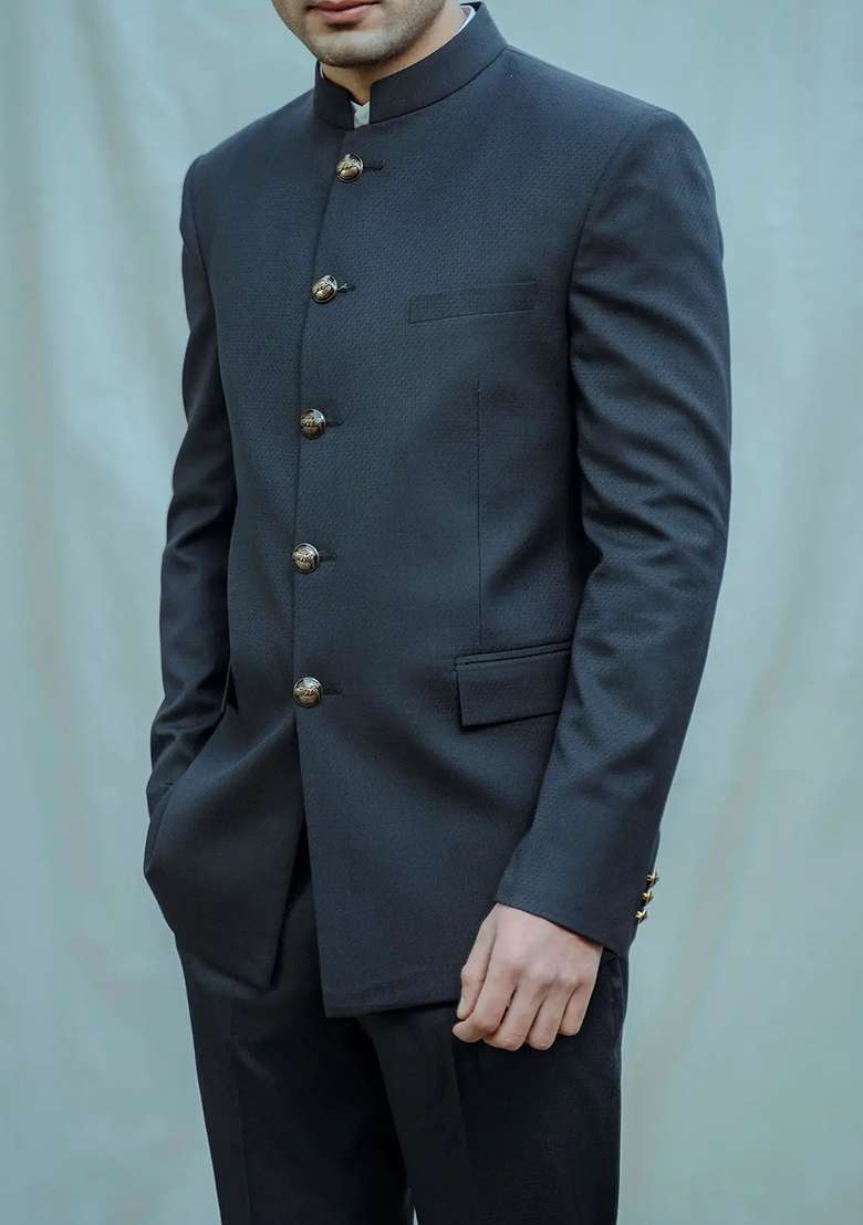 Navy Blue Solid Cotton Bandhgala For Men - Indya
