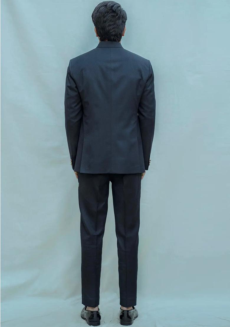 Navy Blue Solid Cotton Bandhgala For Men