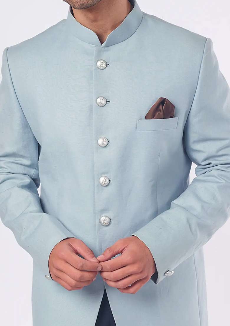 Sky Blue Solid Cotton Bandhgala For Men - Indya