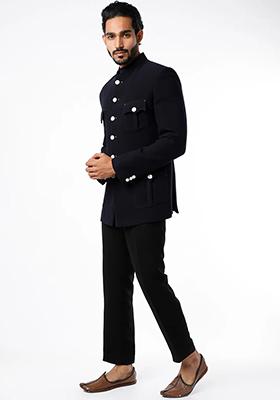 Black Solid Cotton Bandhgala For Men