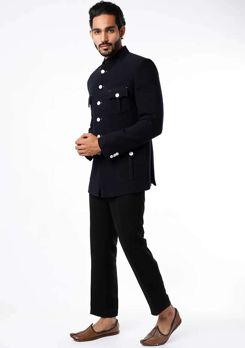 Black Solid Cotton Bandhgala For Men - Indya
