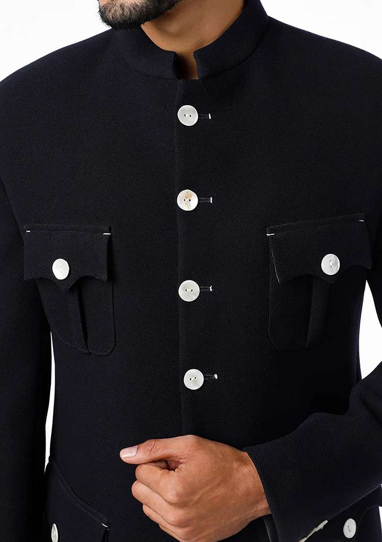 Black Solid Cotton Bandhgala For Men - Indya