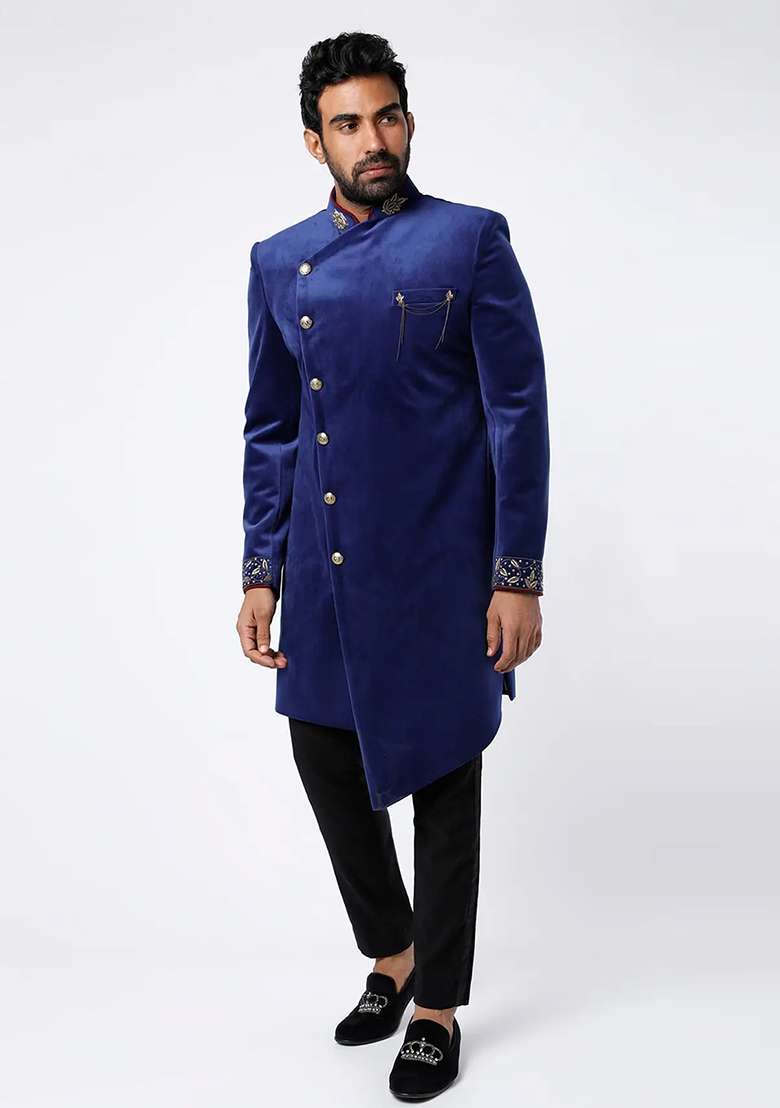 Blue Embroidered Cotton Bandhgala For Men - Indya