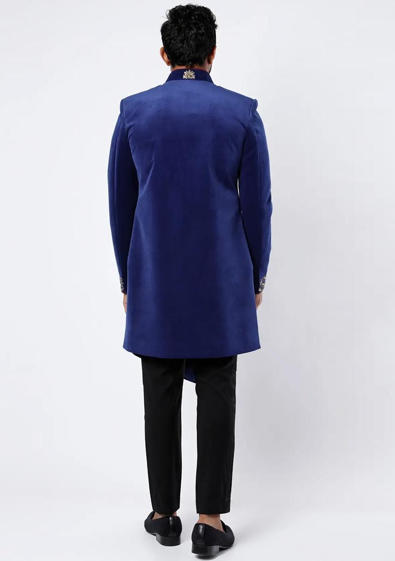 Blue Embroidered Cotton Bandhgala For Men