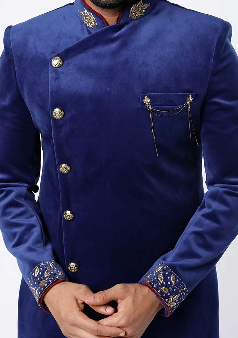 Blue Embroidered Cotton Bandhgala For Men - Indya
