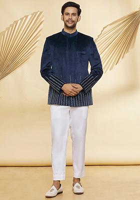 Navy Blue Embroidered Cotton Bandhgala For Men