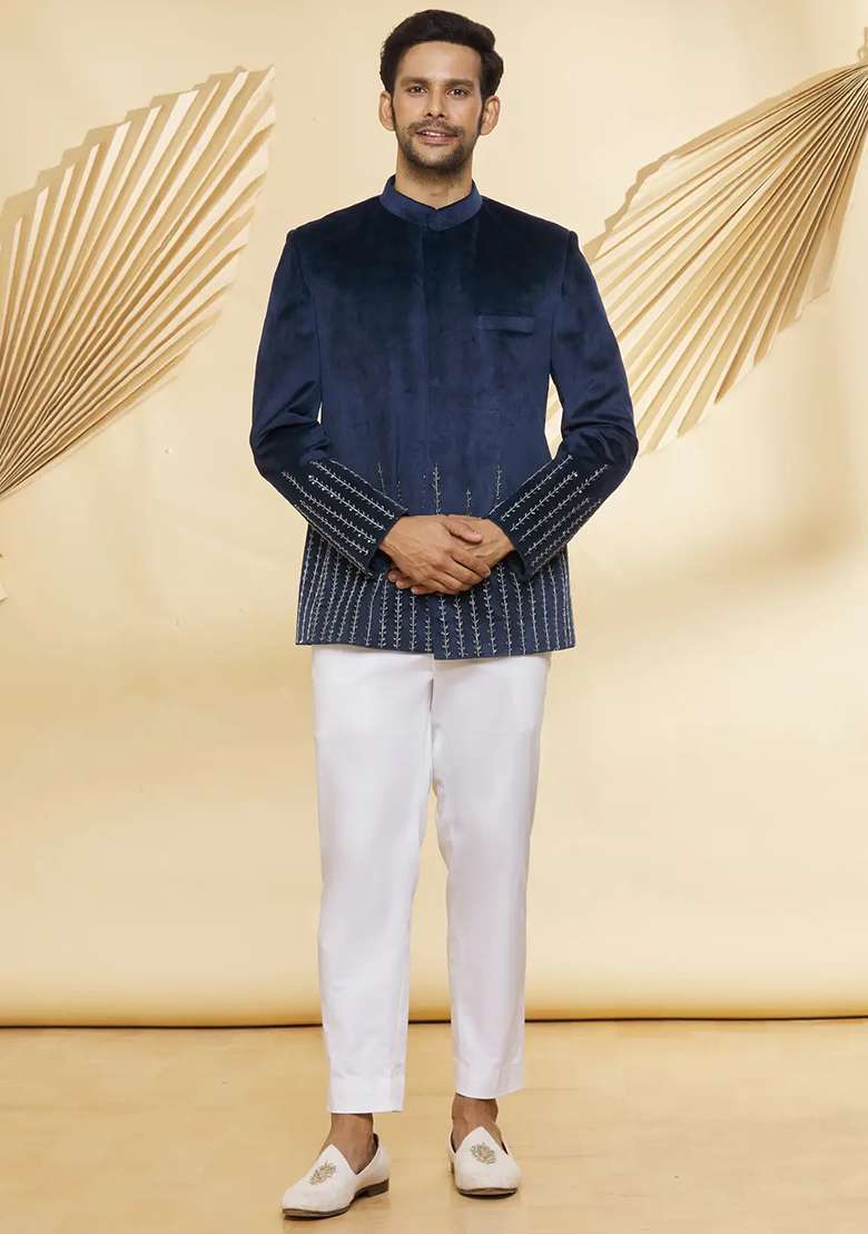 Navy Blue Embroidered Cotton Bandhgala For Men - Indya