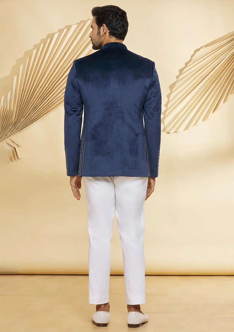 Navy Blue Embroidered Cotton Bandhgala For Men - Indya