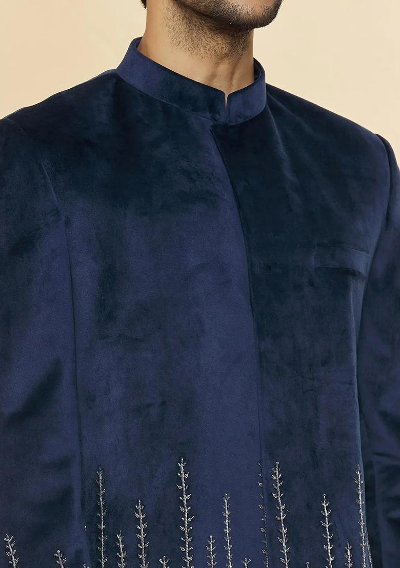 Navy Blue Embroidered Cotton Bandhgala For Men