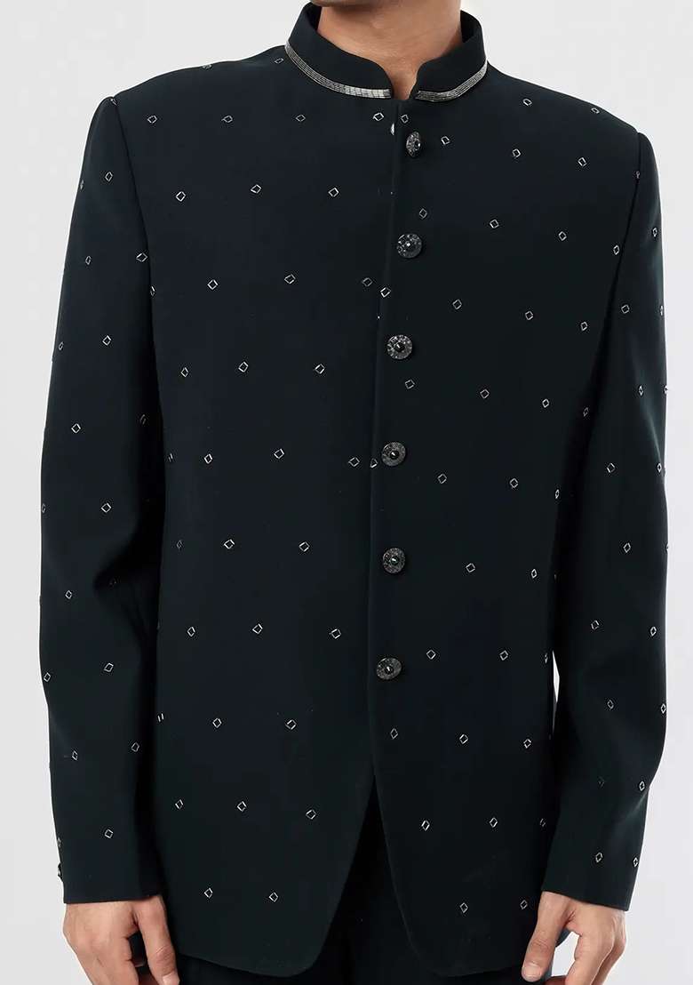 Black Solid Cotton Bandhgala For Men - Indya