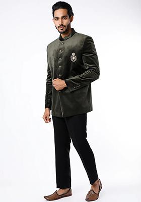 Olive Green Embroidered Cotton Bandhgala For Men