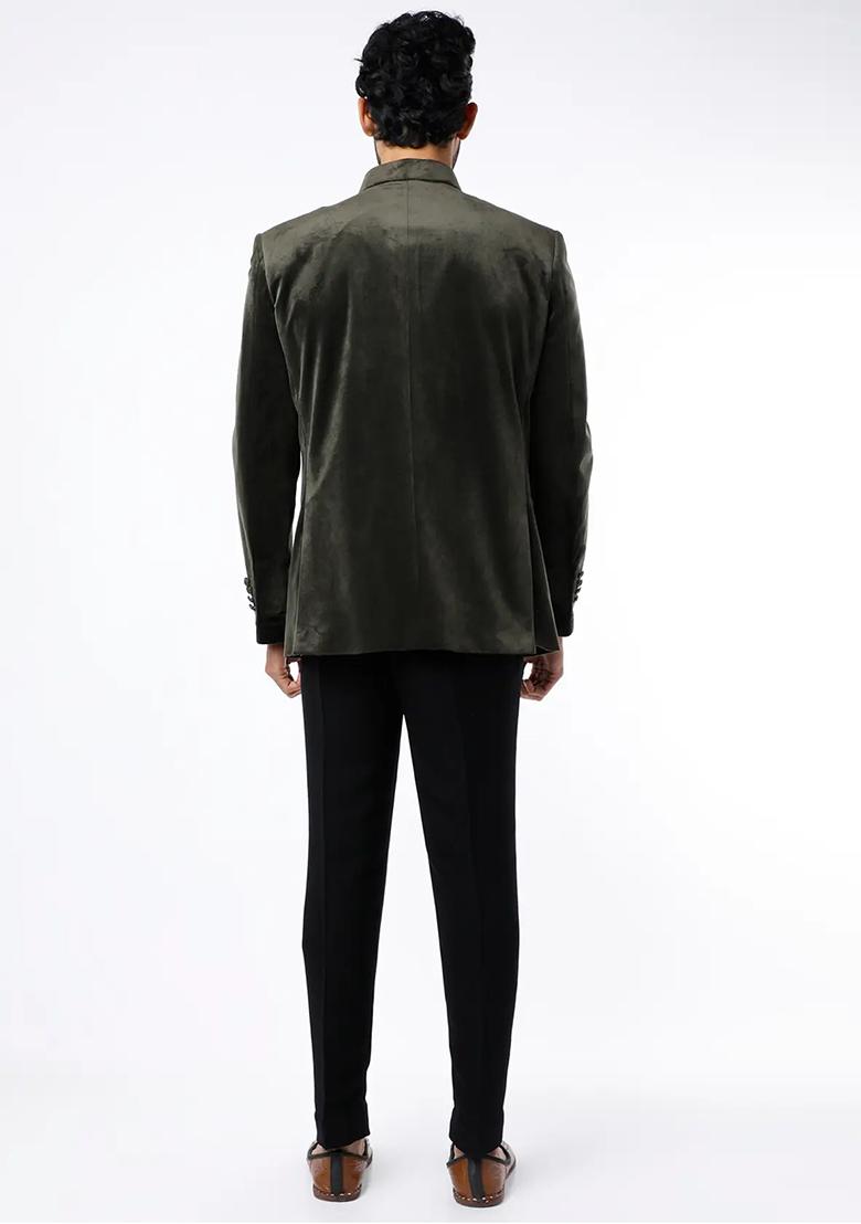 Olive Green Embroidered Cotton Bandhgala For Men