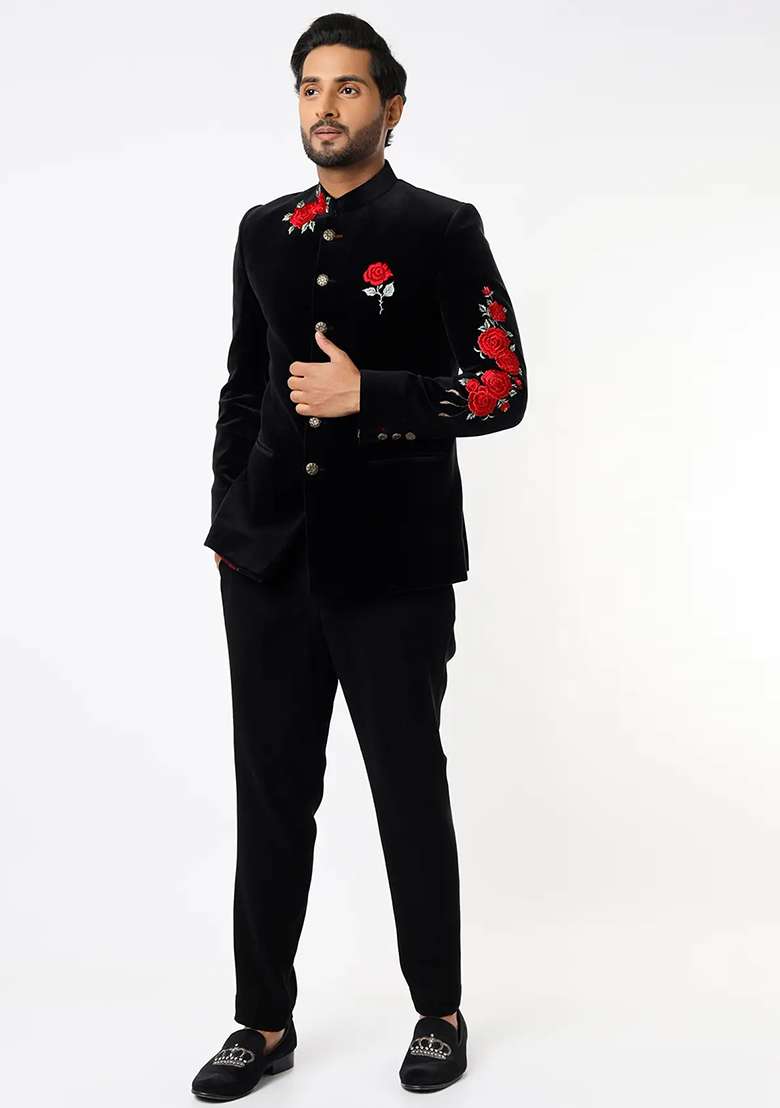 Black Embroidered Cotton Bandhgala For Men - Indya
