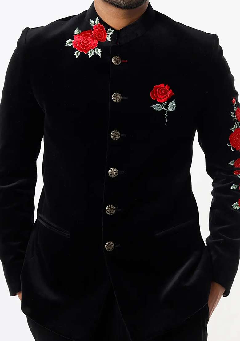 Black Embroidered Cotton Bandhgala For Men - Indya