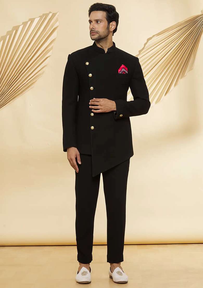 Black Embroidered Cotton Bandhgala For Men - Indya