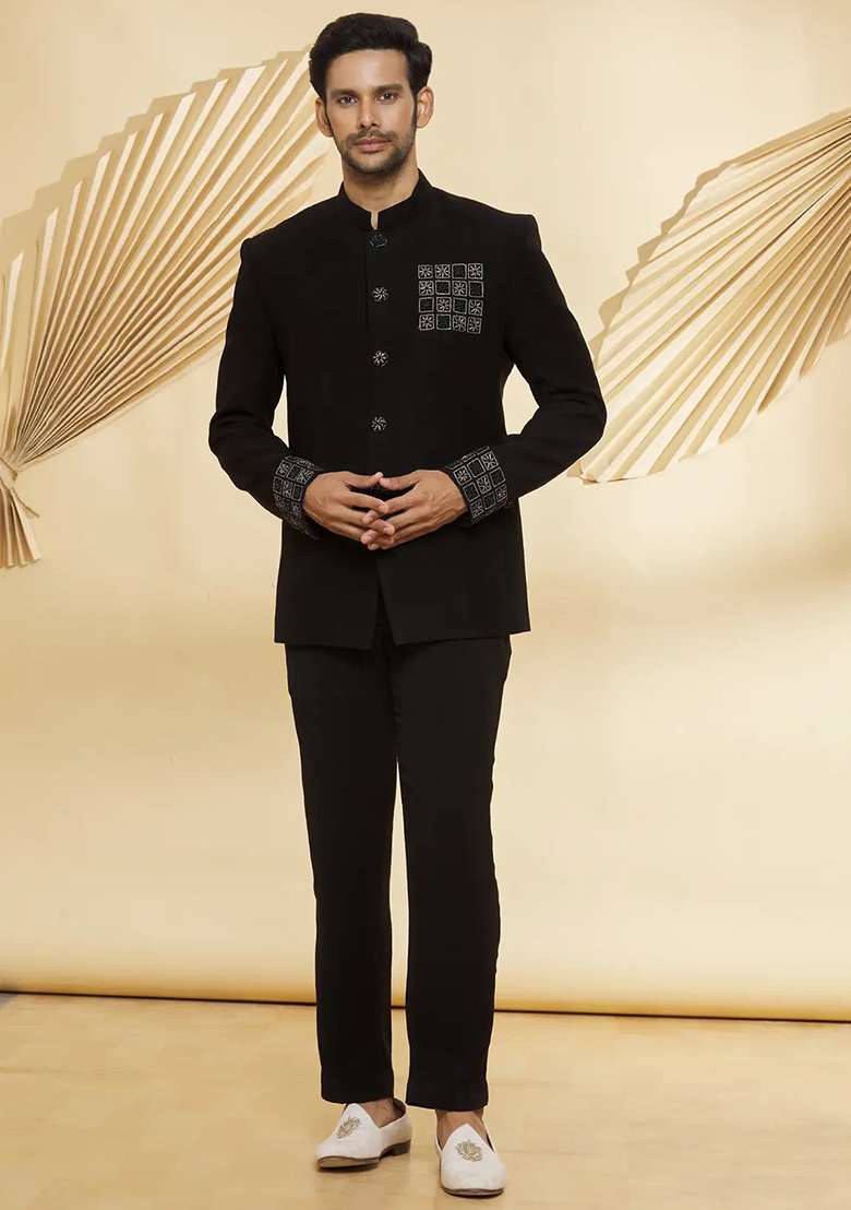 Black Embroidered Cotton Bandhgala For Men - Indya