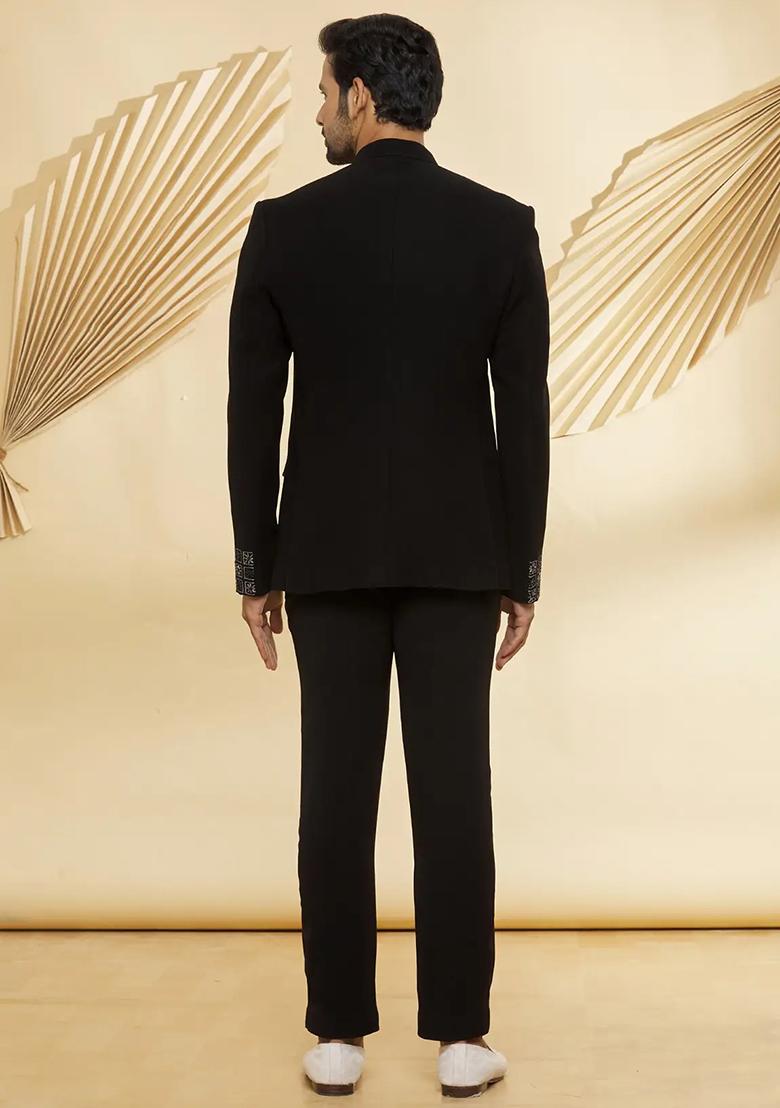 Black Embroidered Cotton Bandhgala For Men