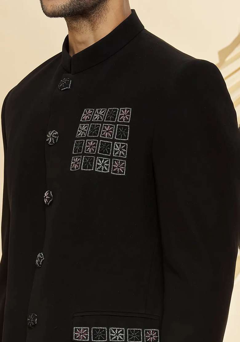 Black Embroidered Cotton Bandhgala For Men - Indya