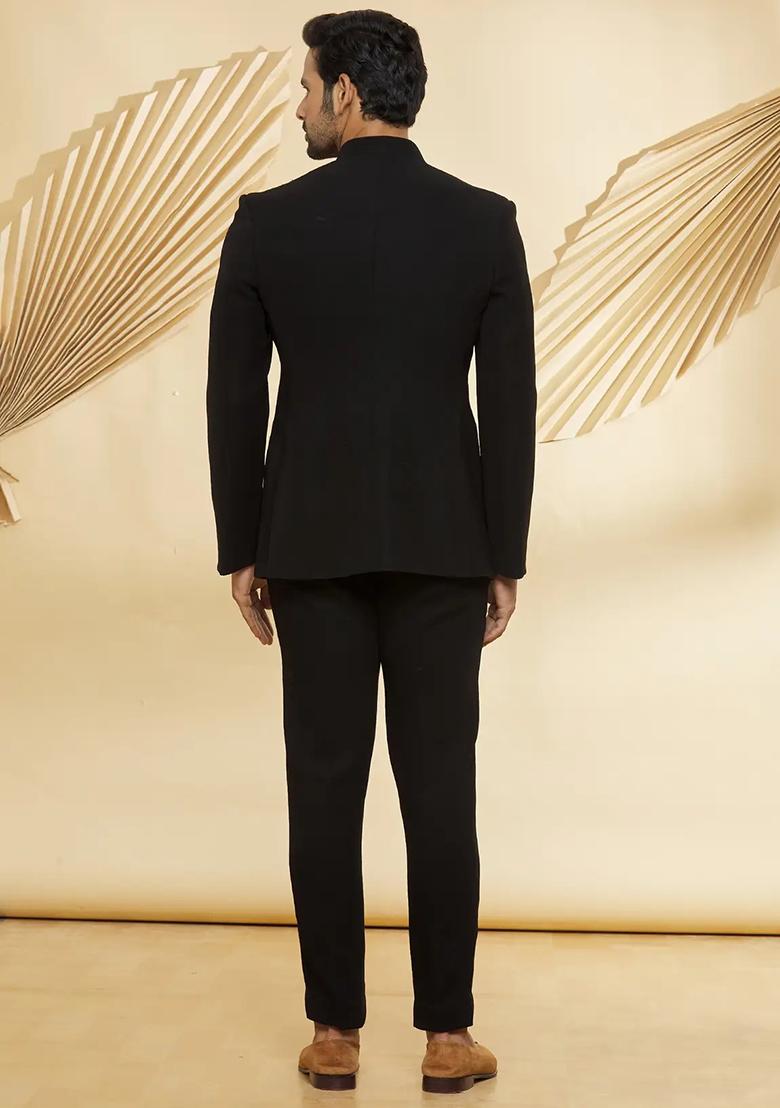 Black Embroidered Cotton Bandhgala For Men