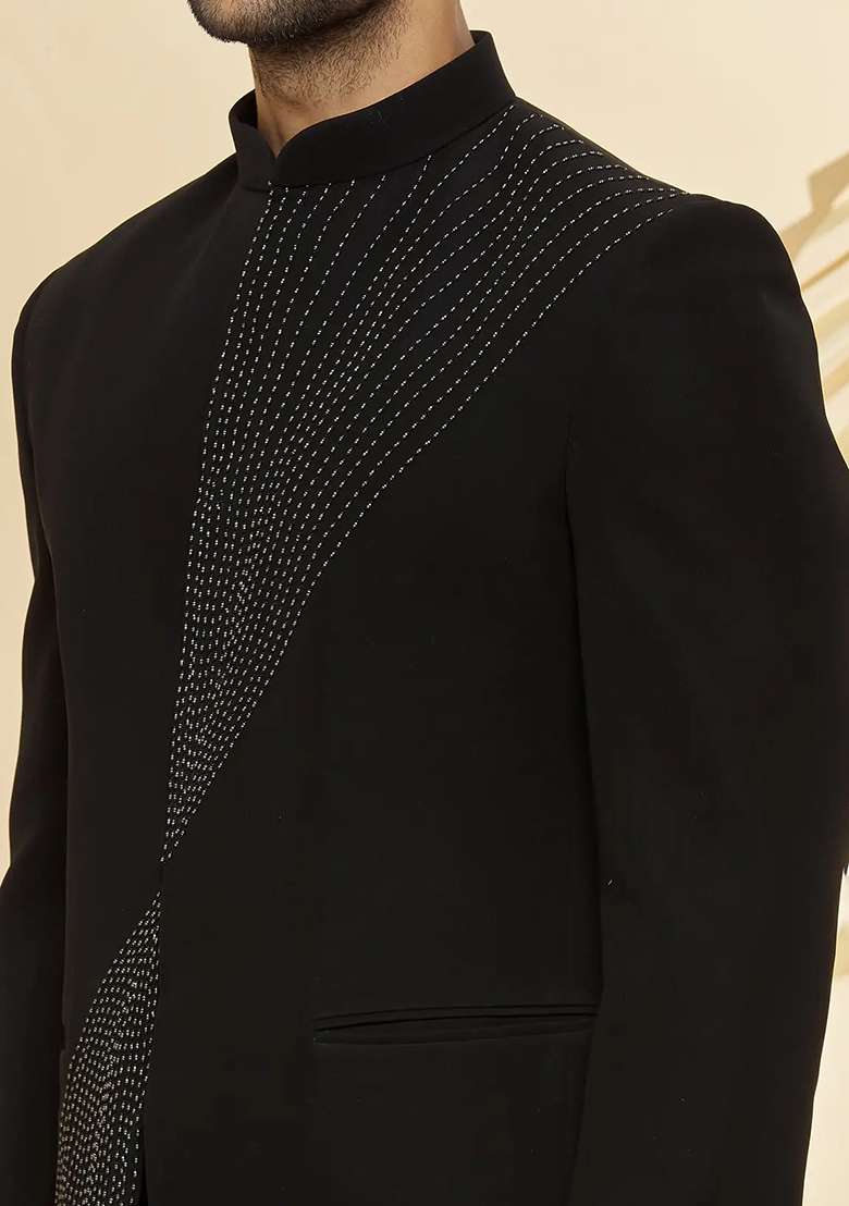 Black Embroidered Cotton Bandhgala For Men - Indya