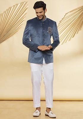 Grey Embroidered Cotton Bandhgala For Men