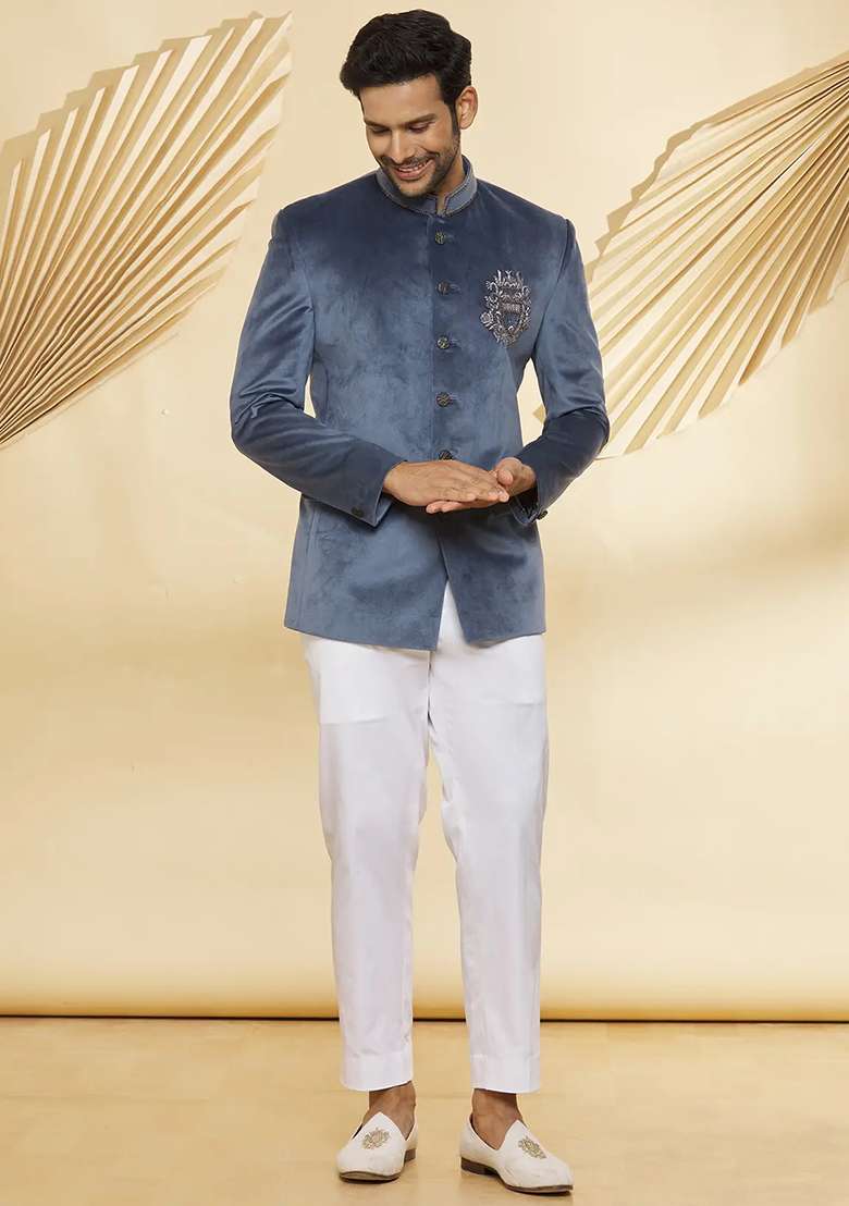 Grey Embroidered Cotton Bandhgala For Men - Indya