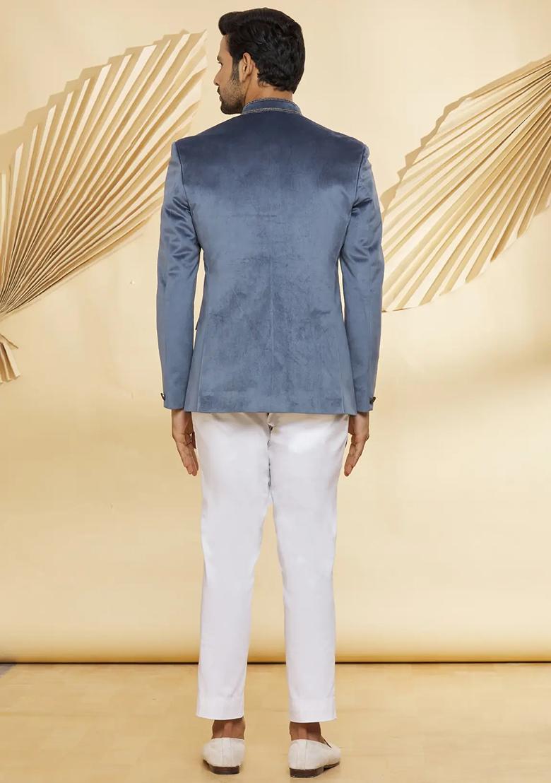 Grey Embroidered Cotton Bandhgala For Men