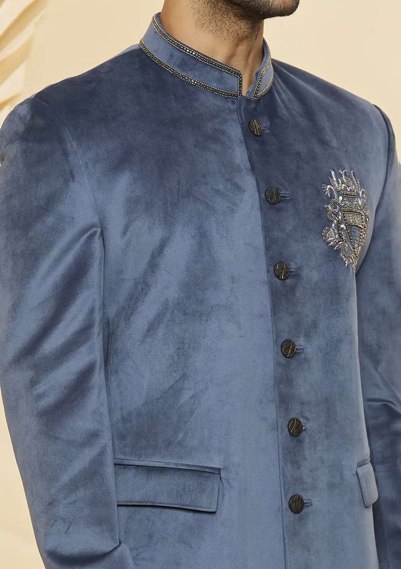 Grey Embroidered Cotton Bandhgala For Men - Indya