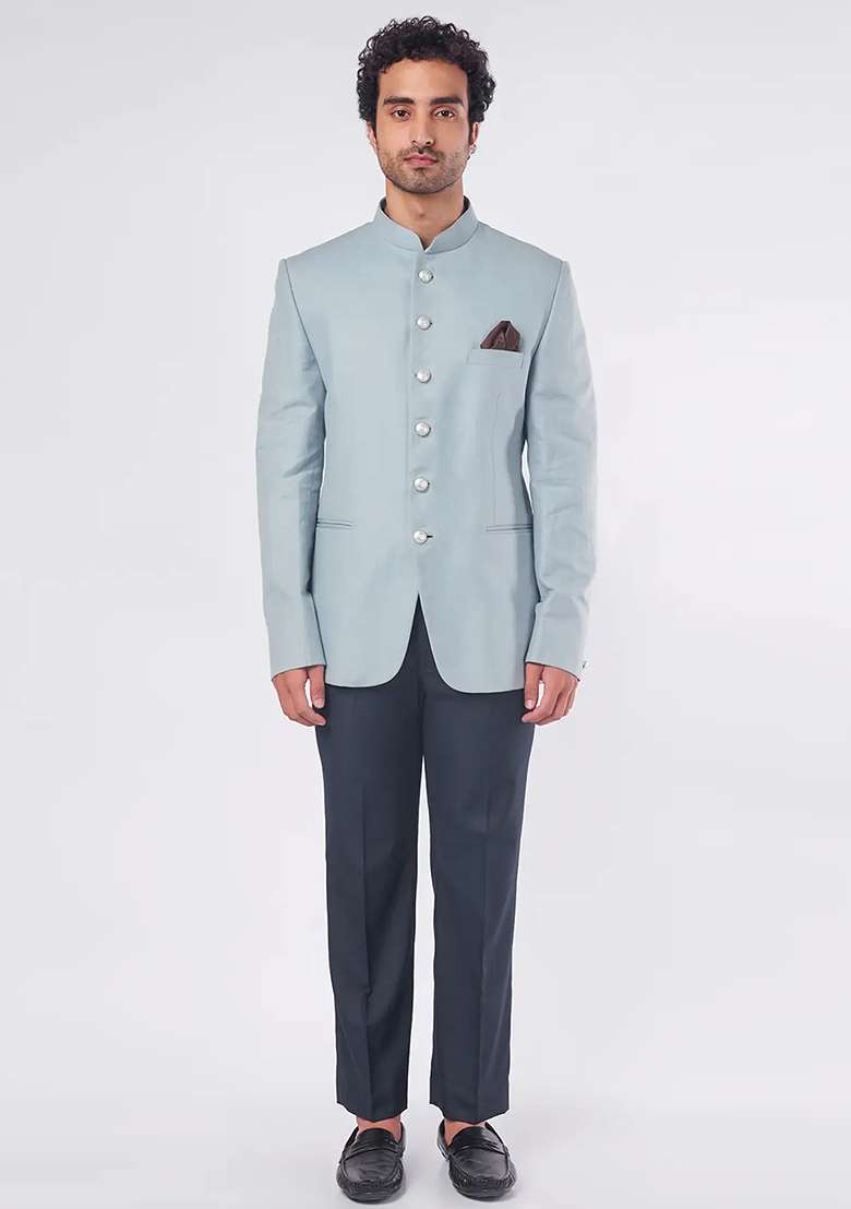 Blue Solid Cotton Bandhgala For Men - Indya