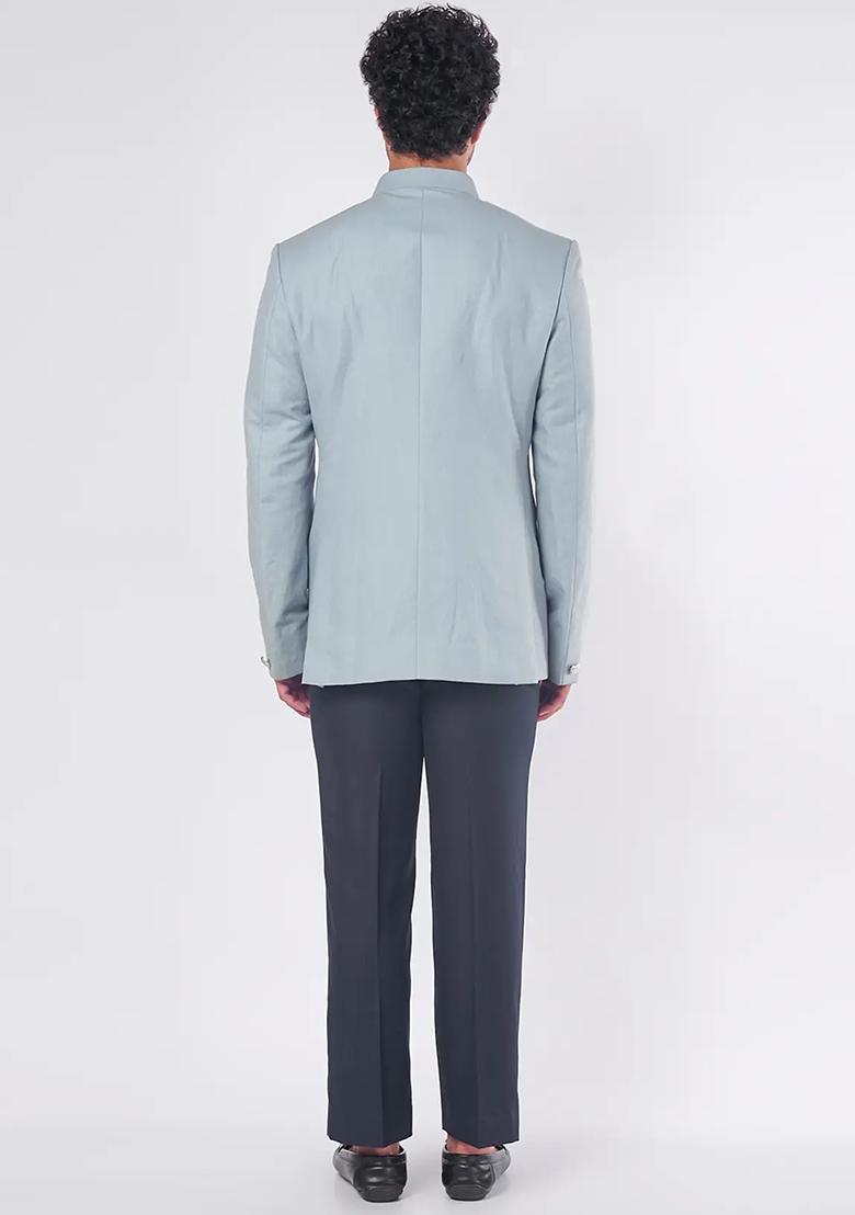 Blue Solid Cotton Bandhgala For Men