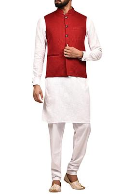 White Solid Silk Nehru Jacket Set For Men