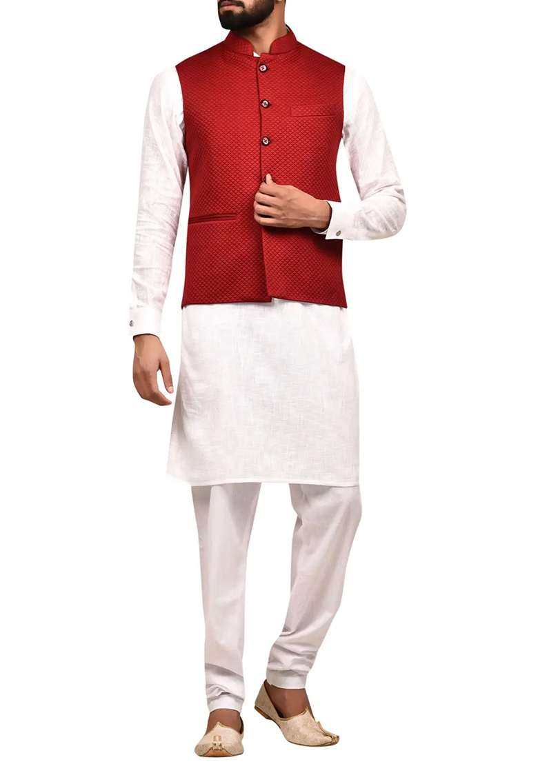 White Solid Silk Blend Nehru Jacket Set For Men - Indya