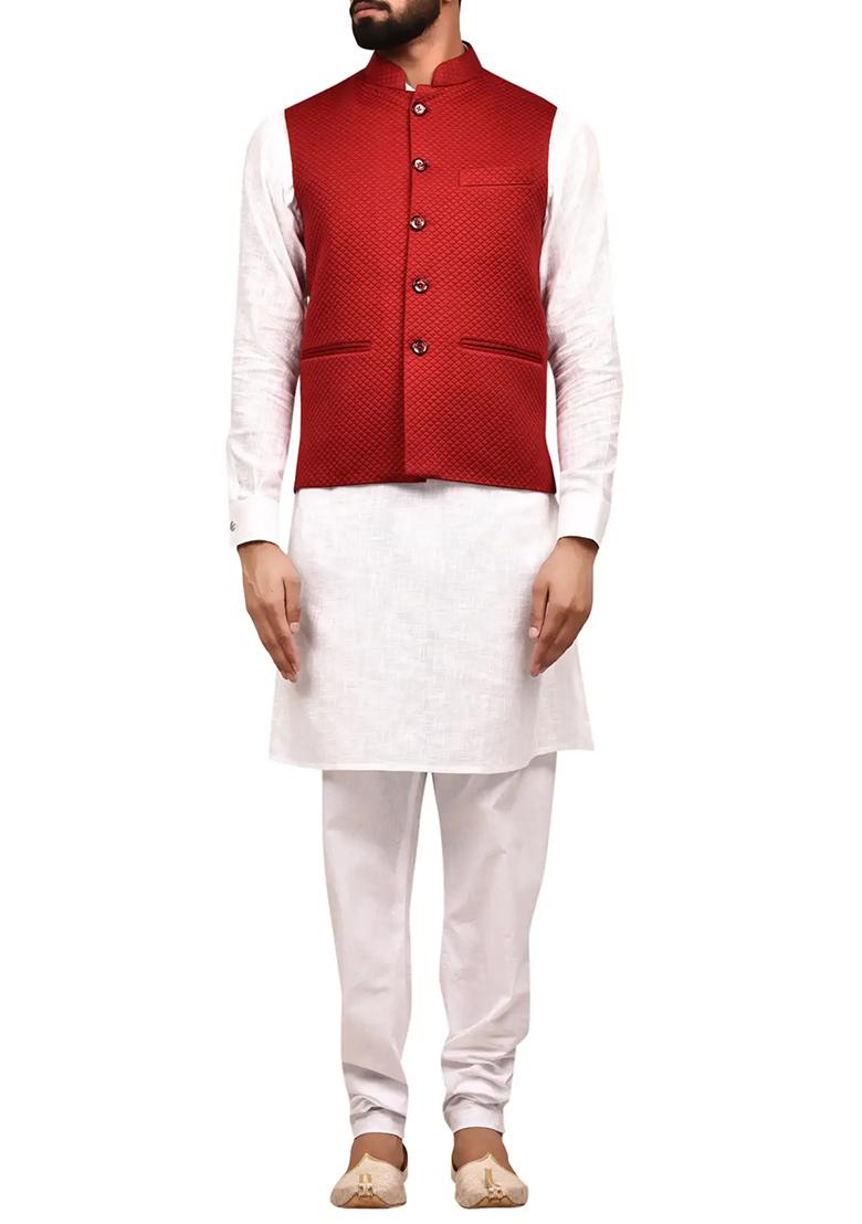 White Solid Silk Nehru Jacket Set For Men