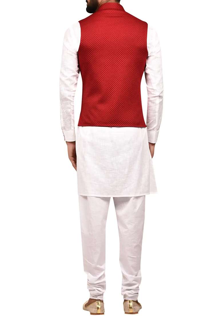 White Solid Silk Blend Nehru Jacket Set For Men - Indya