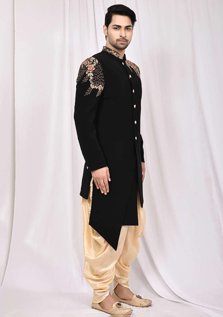 Black Solid Silk Blend Kurta Set For Men - Indya
