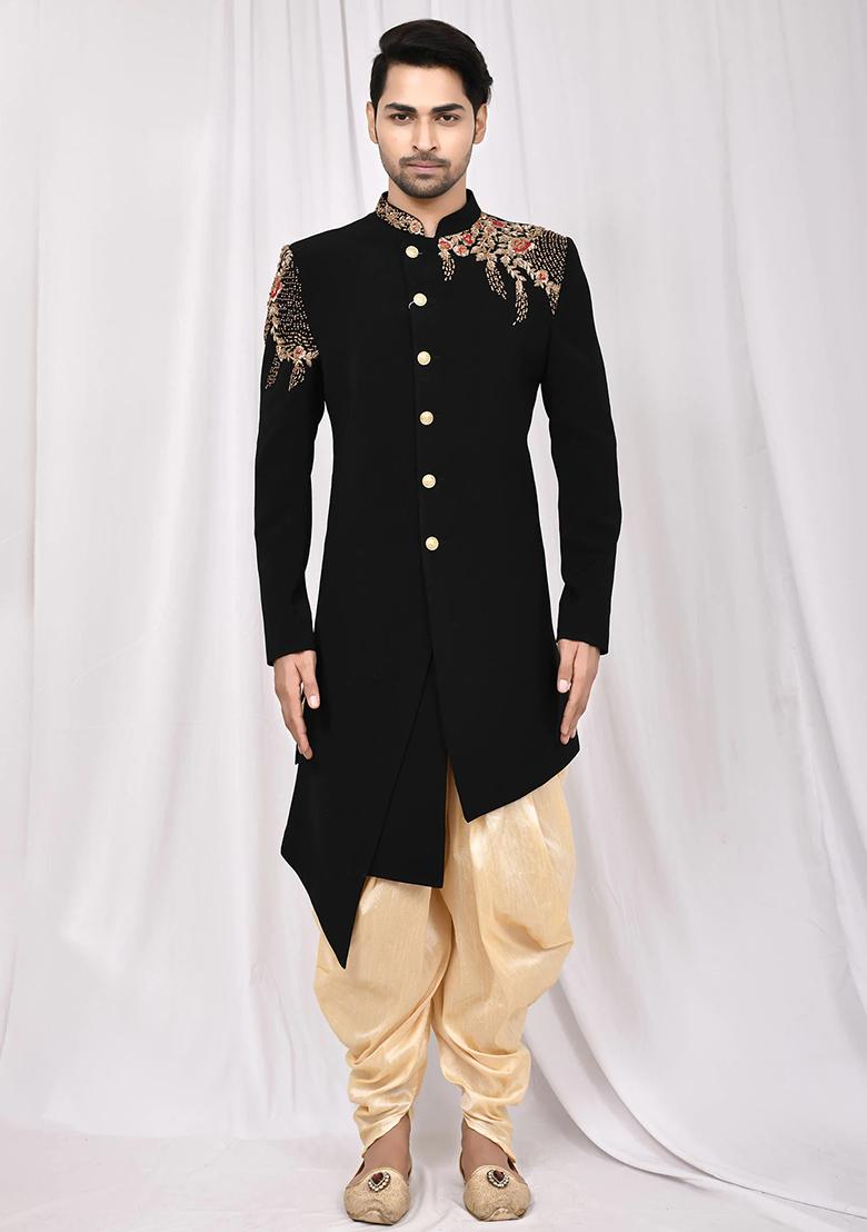 Black Solid Silk Kurta Set For Men