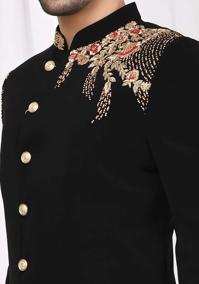 Black Solid Silk Blend Kurta Set For Men - Indya