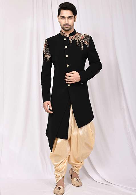 Black Solid Silk Blend Kurta Set For Men
