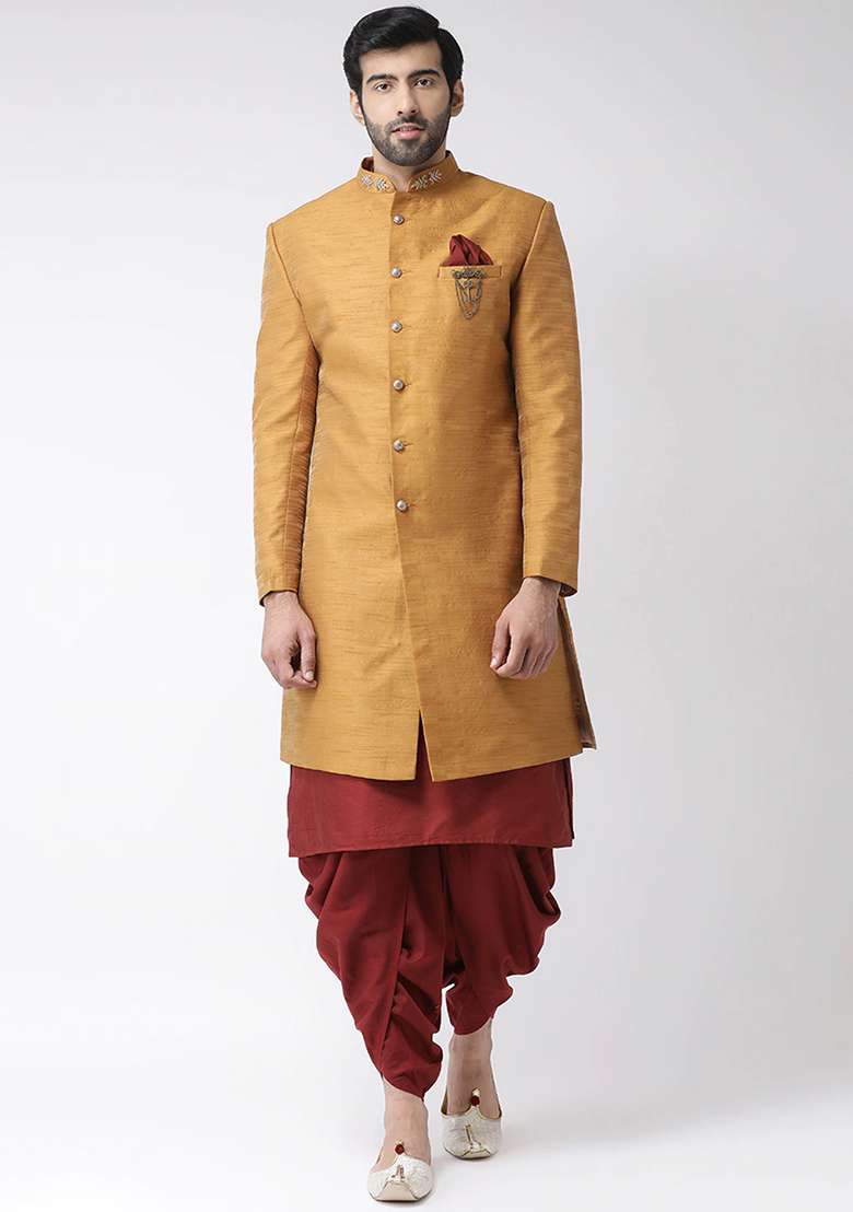 Maroon Solid Silk Blend Kurta Set For Men - Indya
