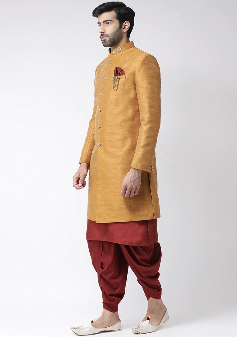 Maroon Solid Silk Kurta Set For Men