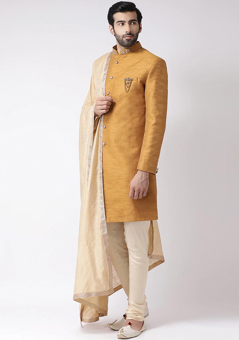 Cream Solid Silk Kurta Set For Men