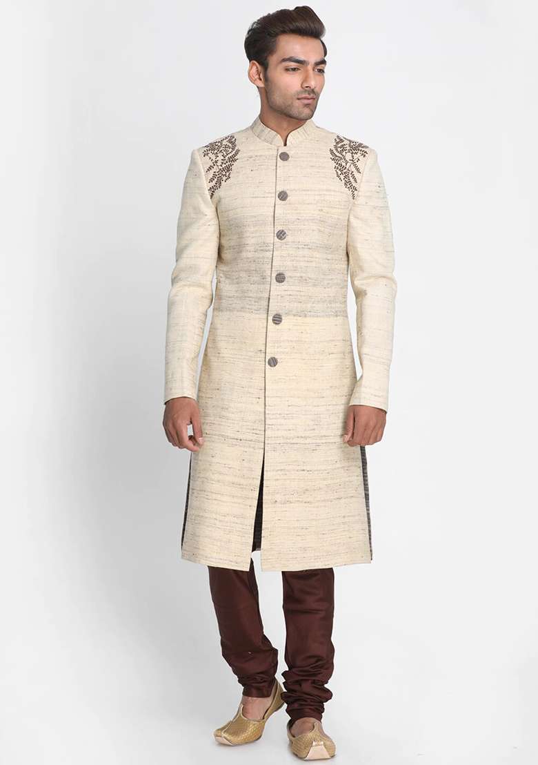 Gazree Pink Embroidered Silk Blend Kurta Set For Men - Indya