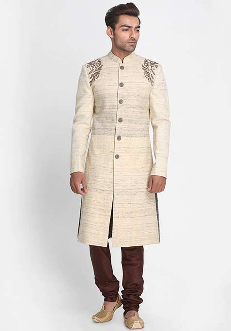 Gazree Pink Embroidered Silk Blend Kurta Set For Men