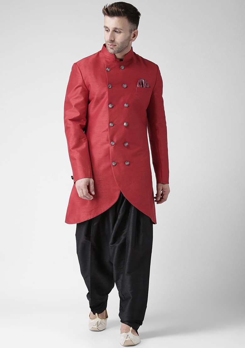 Black Embroidered Silk Blend Kurta Set For Men - Indya