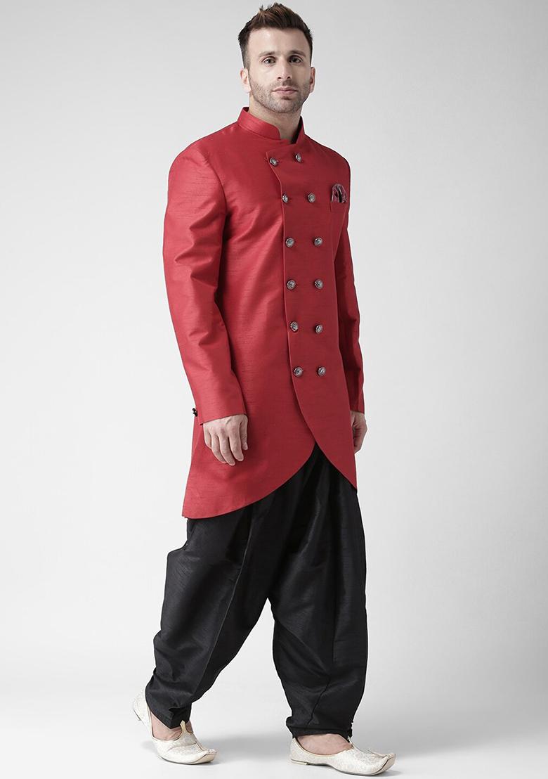 Black Embroidered Silk Kurta Set For Men